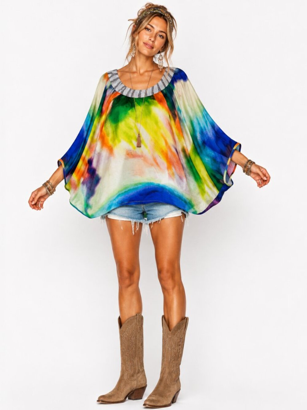 Chelsea Flower Boho Fairy‎ Silk Blouse S Beaded Dolman Watercolor Festival Party